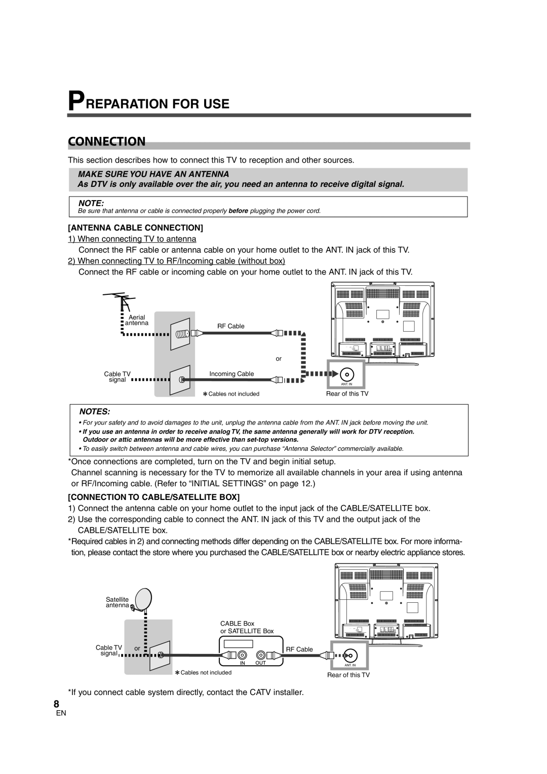 Sylvania 6626LCT owner manual Preparation for USE Connection, Antenna Cable Connection, Connection to CABLE/SATELLITE BOX 