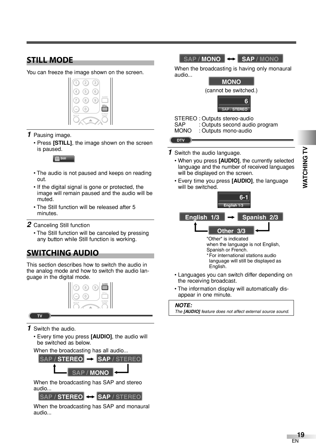 Sylvania 6626LCT owner manual Still Mode, Switching Audio 