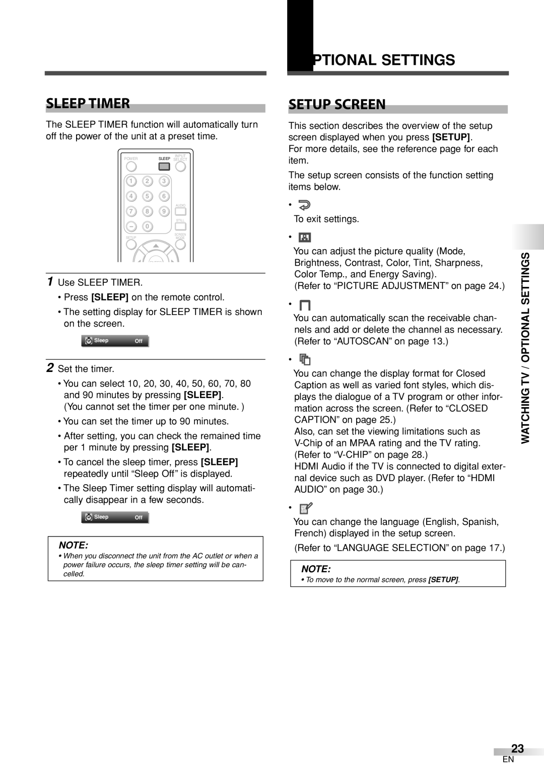 Sylvania 6626LCT owner manual Sleep Timer, Optional Settings Setup Screen, Watching TV / Optional Settings 