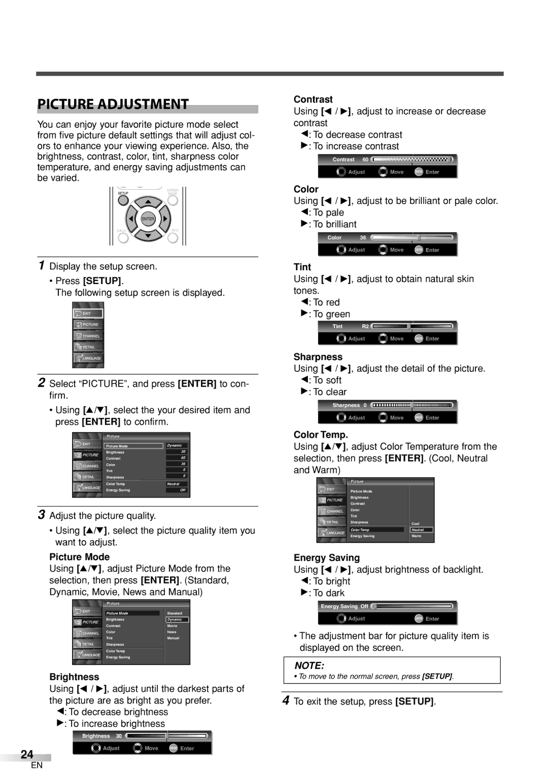 Sylvania 6626LCT owner manual Picture Adjustment 