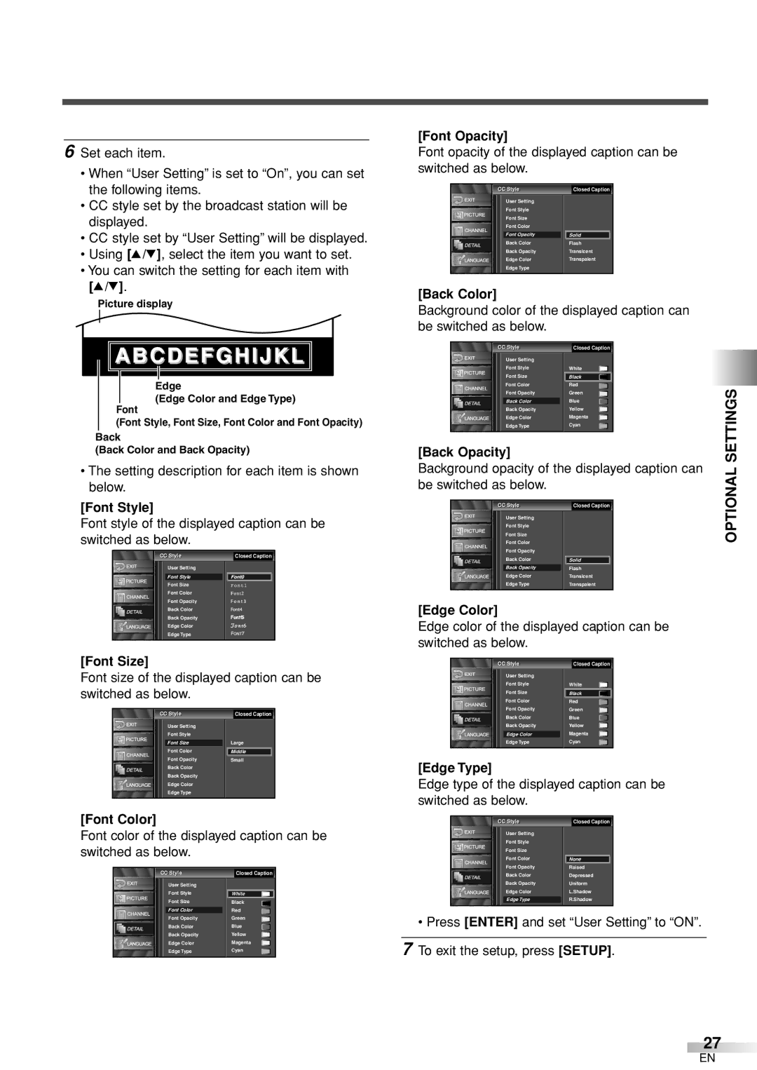 Sylvania 6626LCT owner manual Optional Settings 