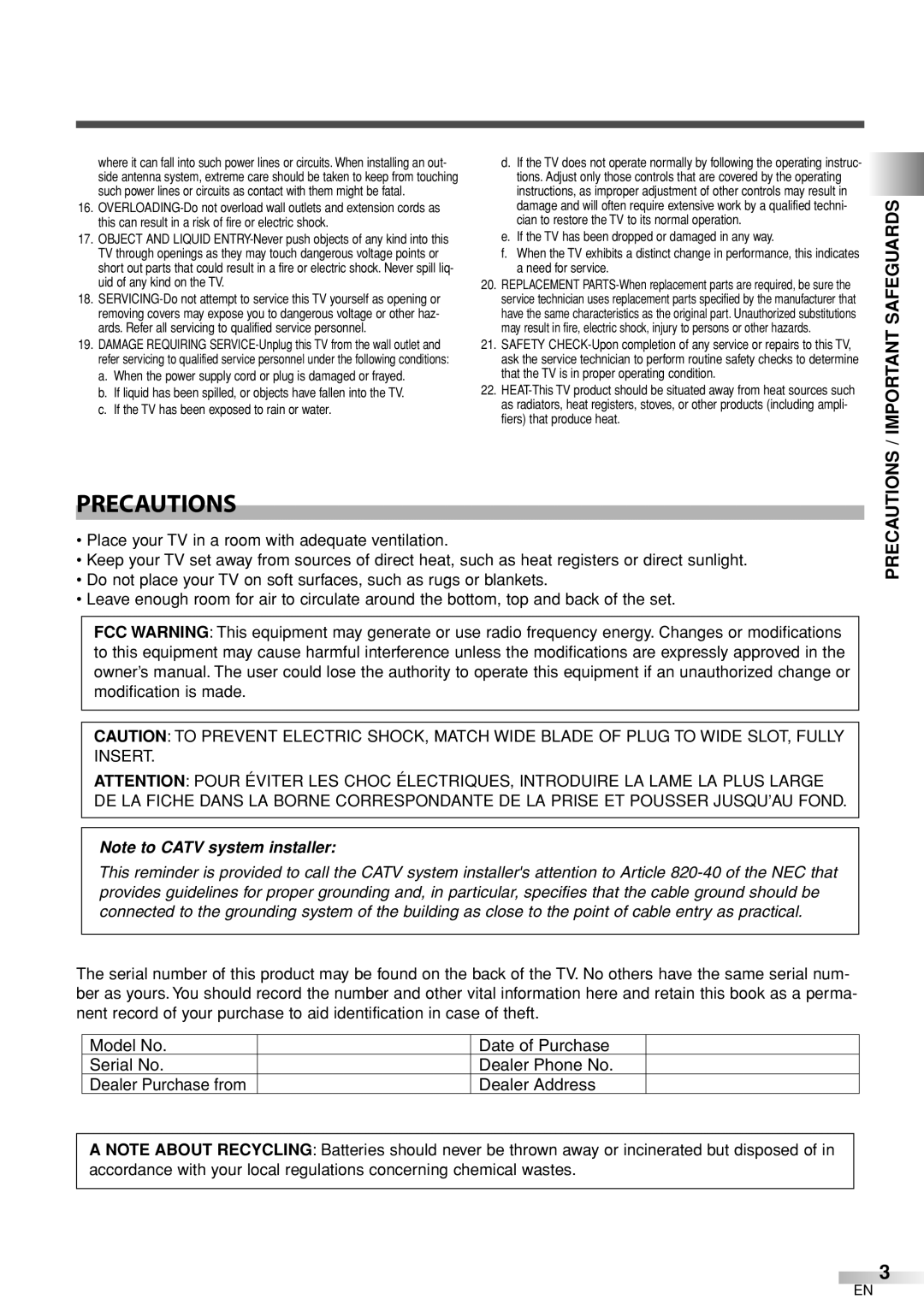 Sylvania 6626LCT owner manual Precautions, Important Safeguards, Dealer Purchase from 