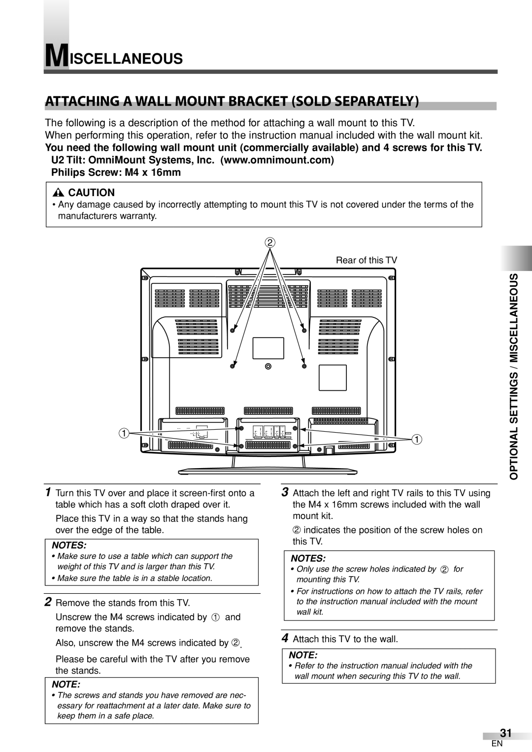 Sylvania 6626LCT owner manual # Caution, Optional Settings / Miscellaneous, Attach this TV to the wall 