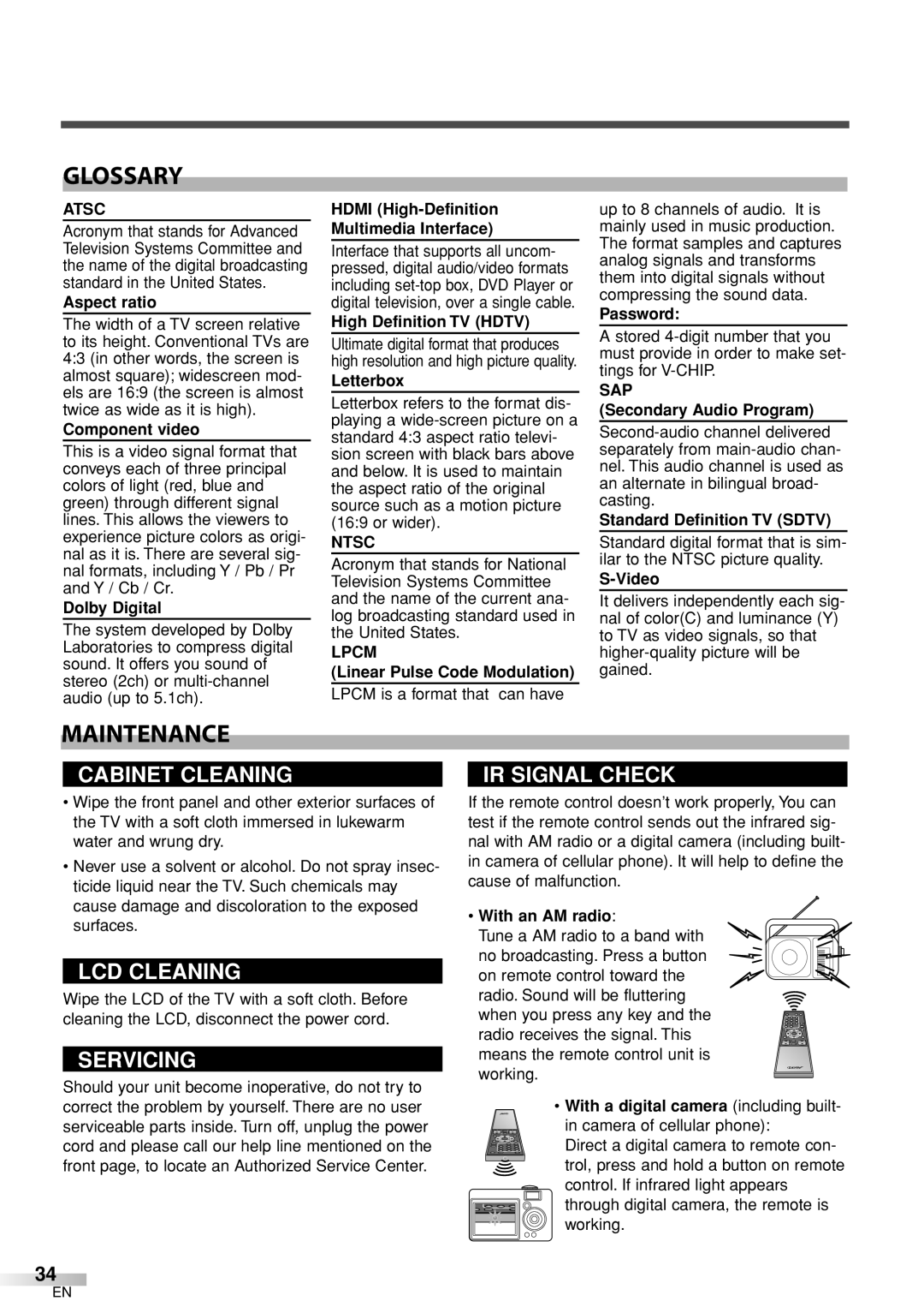 Sylvania 6626LCT owner manual Glossary, Maintenance 