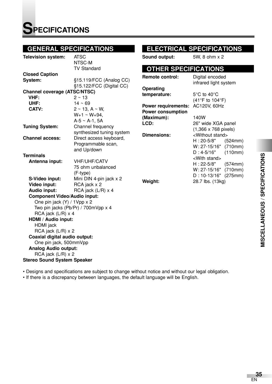 Sylvania 6626LCT owner manual Miscellaneous / Specifications, Vhf Uhf, Catv, Lcd 