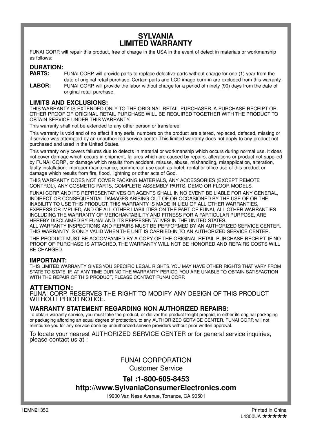 Sylvania 6626LCT owner manual Duration, Limits and Exclusions, Warranty Statement Regarding NON Authorized Repairs 