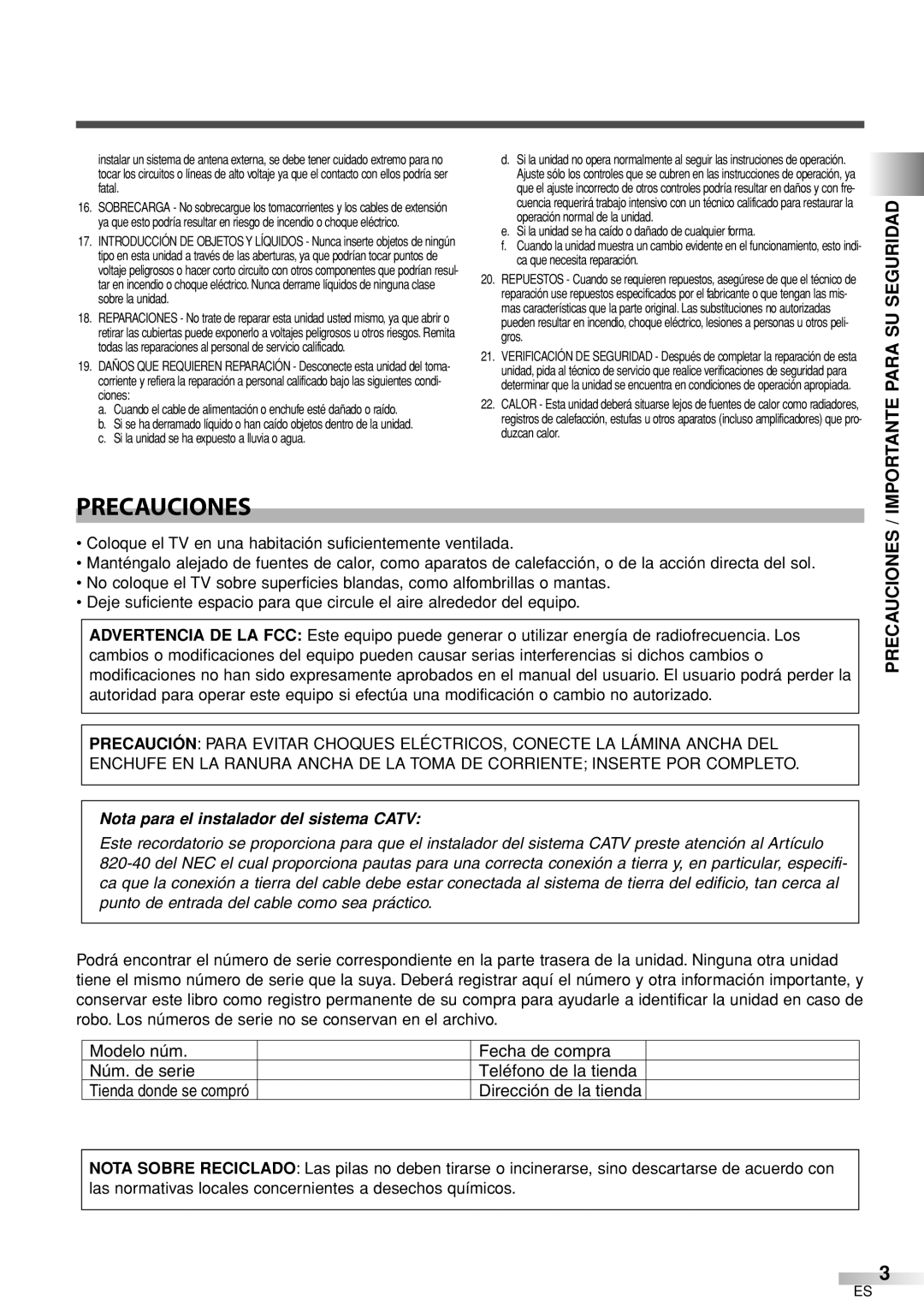 Sylvania 6626LCT owner manual Precauciones, Importante Para SU Seguridad 