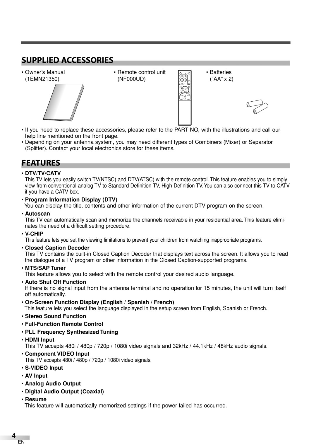 Sylvania 6626LCT owner manual Supplied Accessories, Features, Dtv/Tv/Catv, Chip 