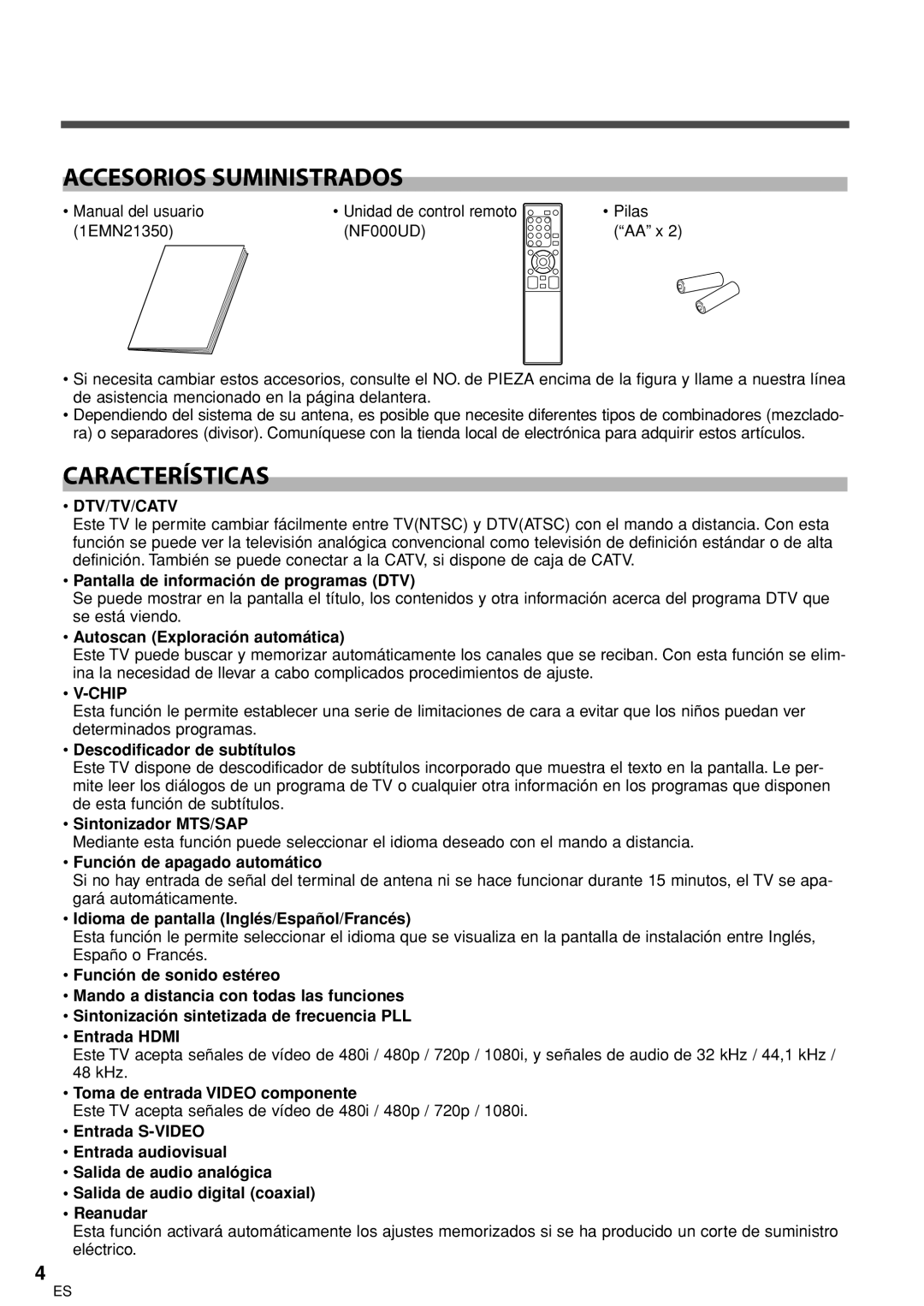 Sylvania 6626LCT owner manual Accesorios Suministrados, Características 