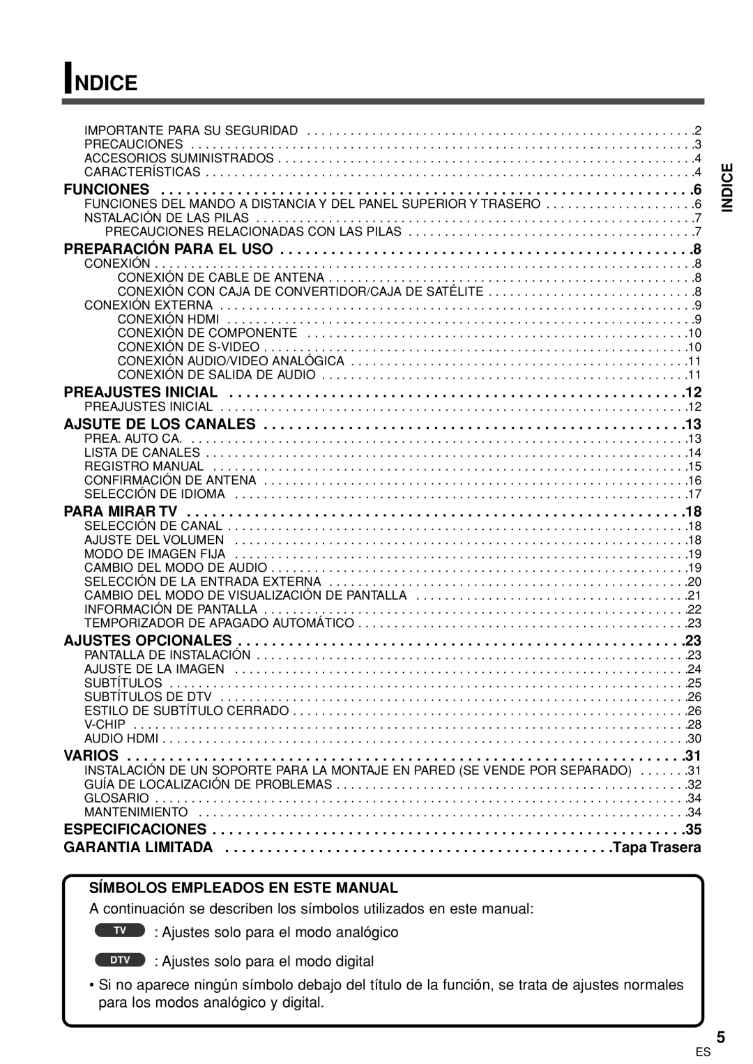 Sylvania 6626LCT owner manual Indice, Garantia Limitada, Símbolos Empleados EN Este Manual, Especificaciones 