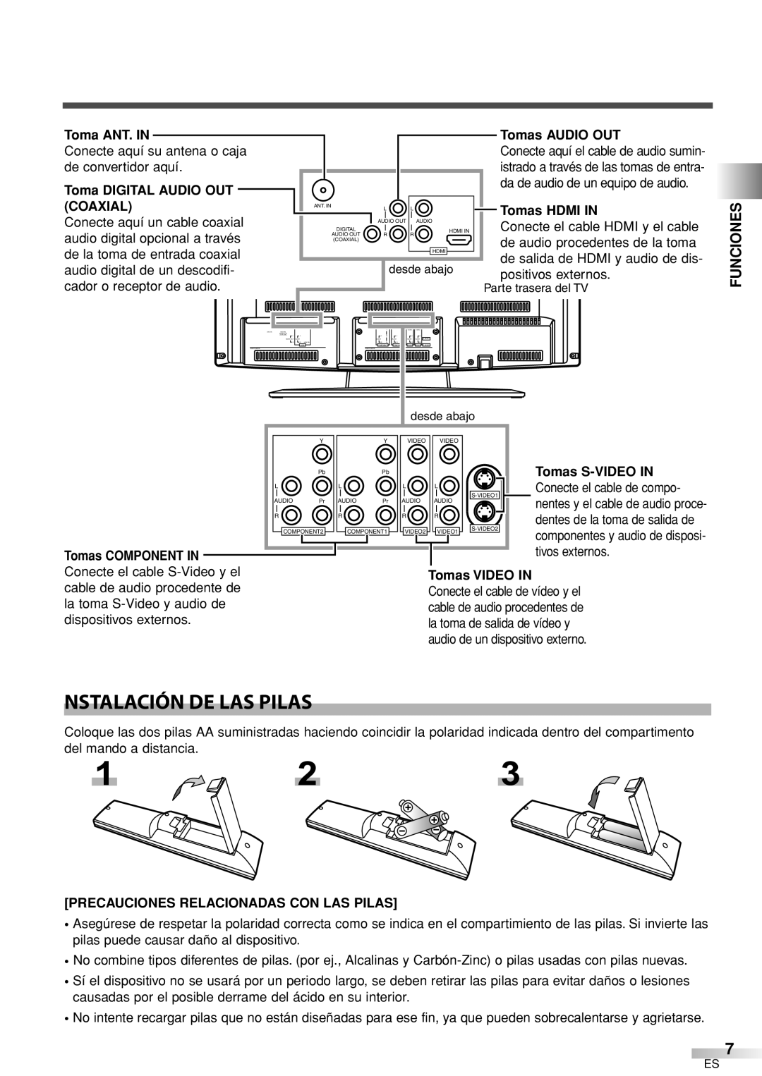 Sylvania 6626LCT owner manual Nstalación DE LAS Pilas, Funciones, Coaxial, Precauciones Relacionadas CON LAS Pilas 