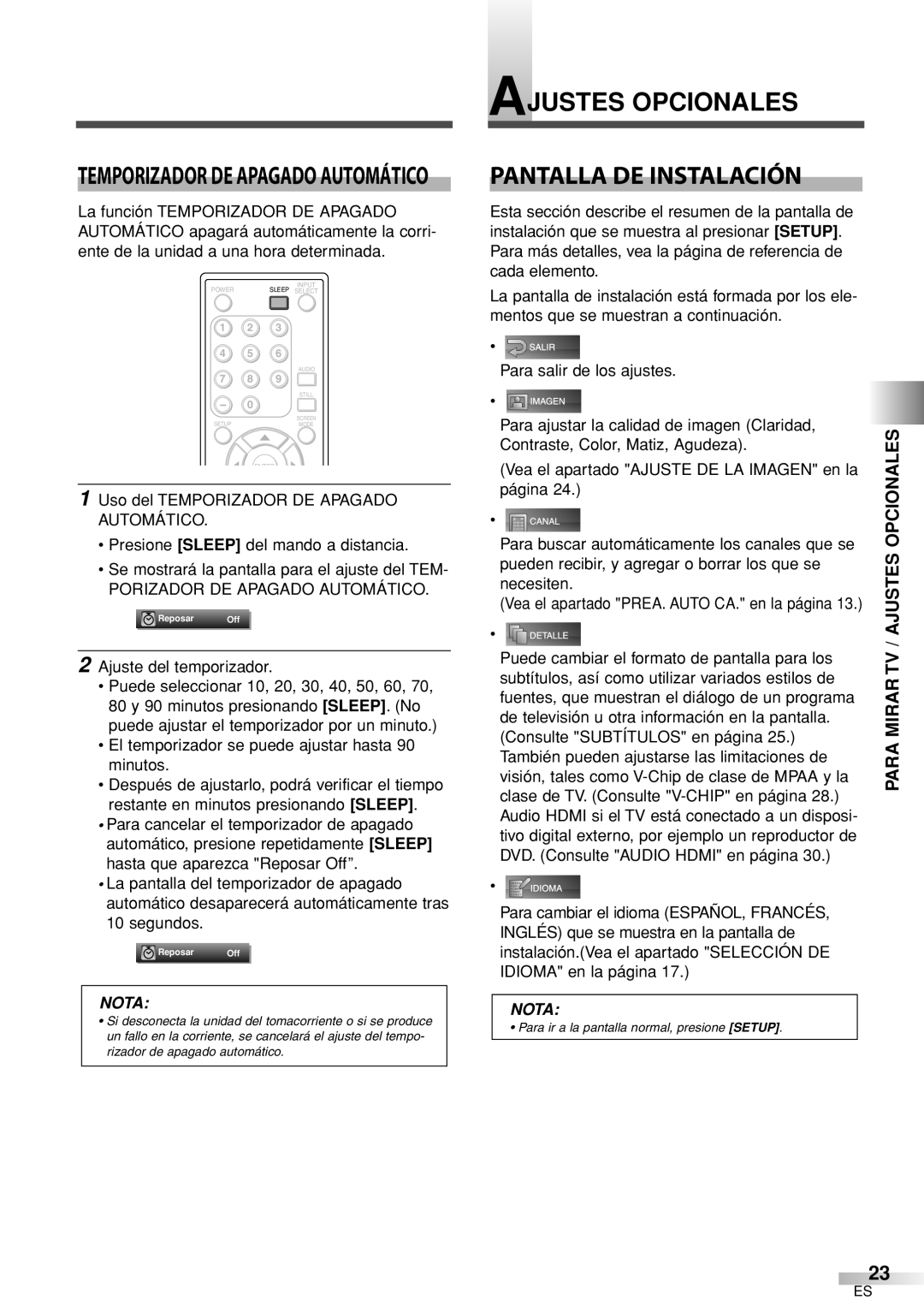 Sylvania 6626LCT Ajustes Opcionales Pantalla DE Instalación, Para Mirar TV / Ajustes Opcionales, Ajuste del temporizador 