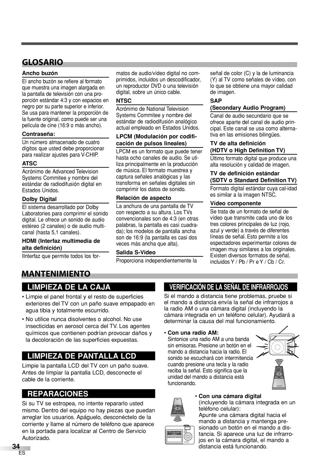 Sylvania 6626LCT owner manual Glosario, Mantenimiento 