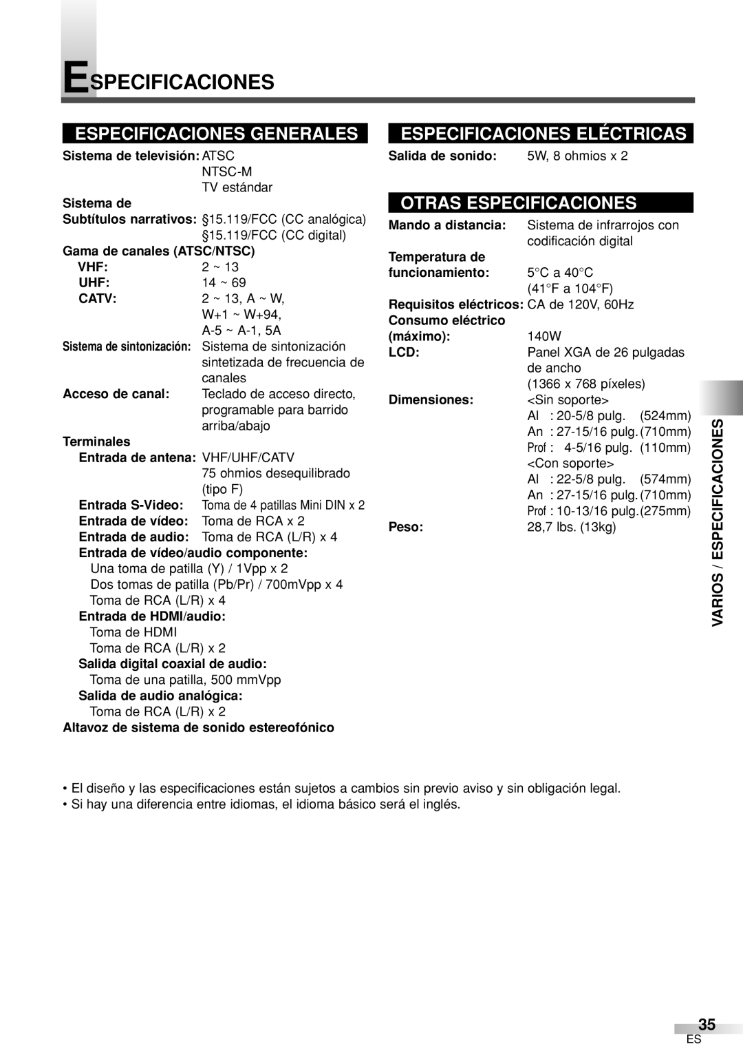 Sylvania 6626LCT owner manual Varios / Especificaciones 