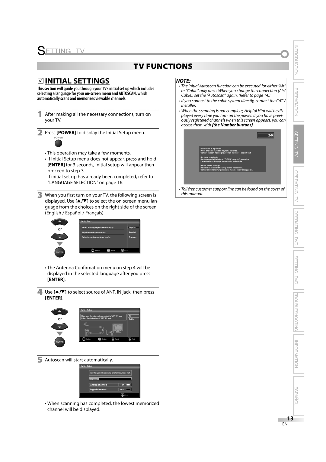 Sylvania 6626LDG owner manual Setting TV, TV Functions, 5INITIAL Settings, Autoscan will start automatically 