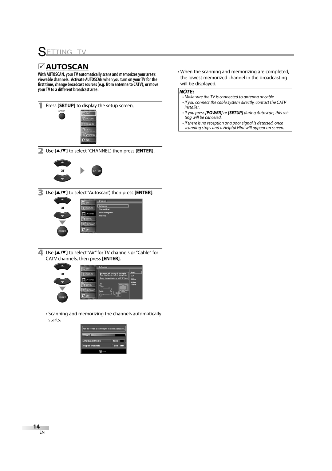 Sylvania 6626LDG owner manual Autoscan, Press Setup to display the setup screen 