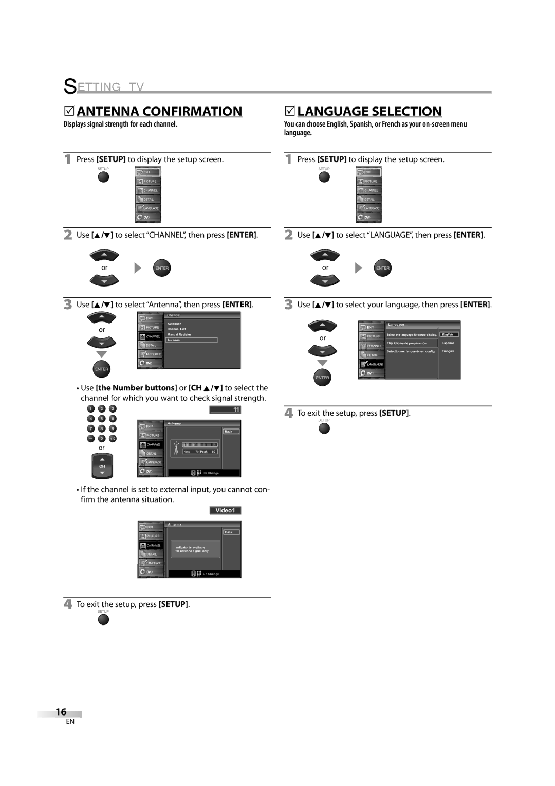 Sylvania 6626LDG owner manual 5ANTENNA Confirmation, 5LANGUAGE Selection, Displays signal strength for each channel 