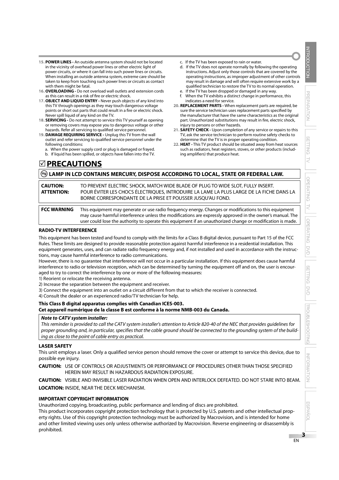 Sylvania 6626LDG owner manual Precautions, Laser Safety, Important Copyright Information 