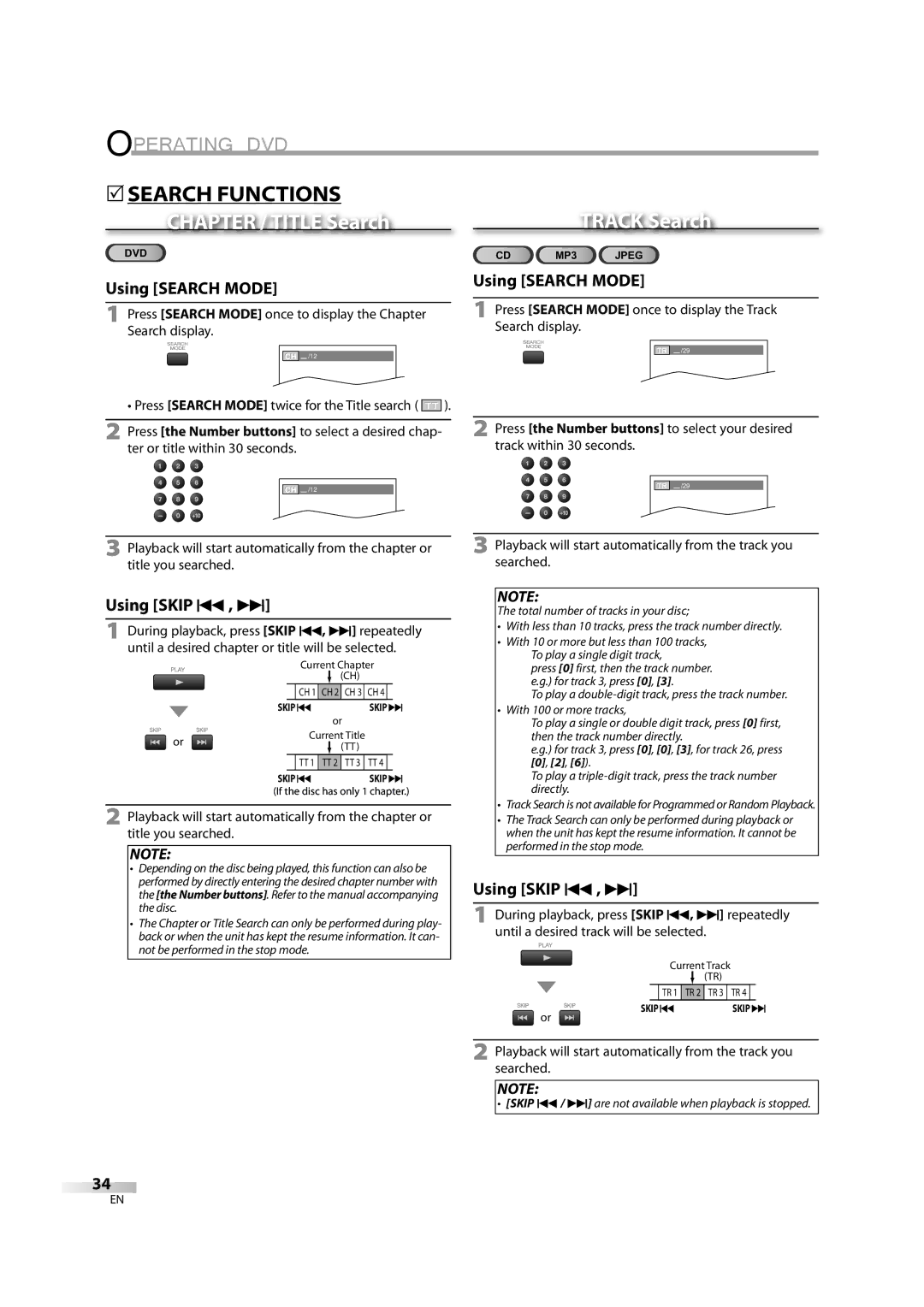 Sylvania 6626LDG owner manual 5SEARCH Functions, Press Search Mode once to display the Chapter Search display 