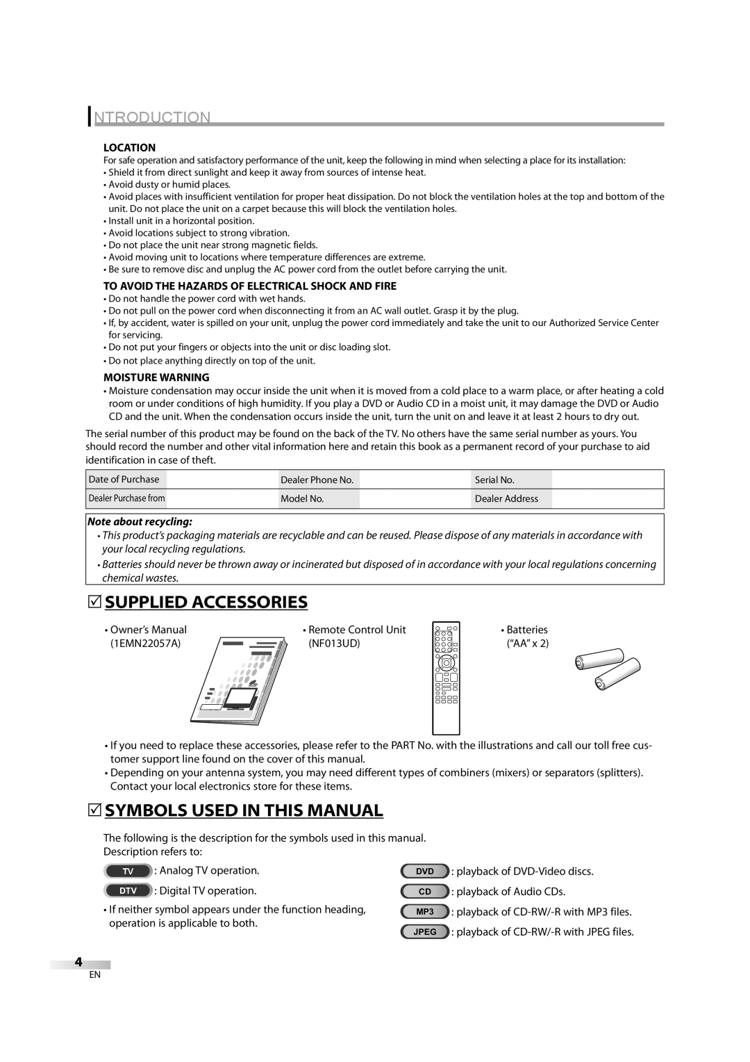 Sylvania 6626LDG owner manual 5SUPPLIED Accessories, 5SYMBOLS Used in this Manual, Location, Moisture Warning 