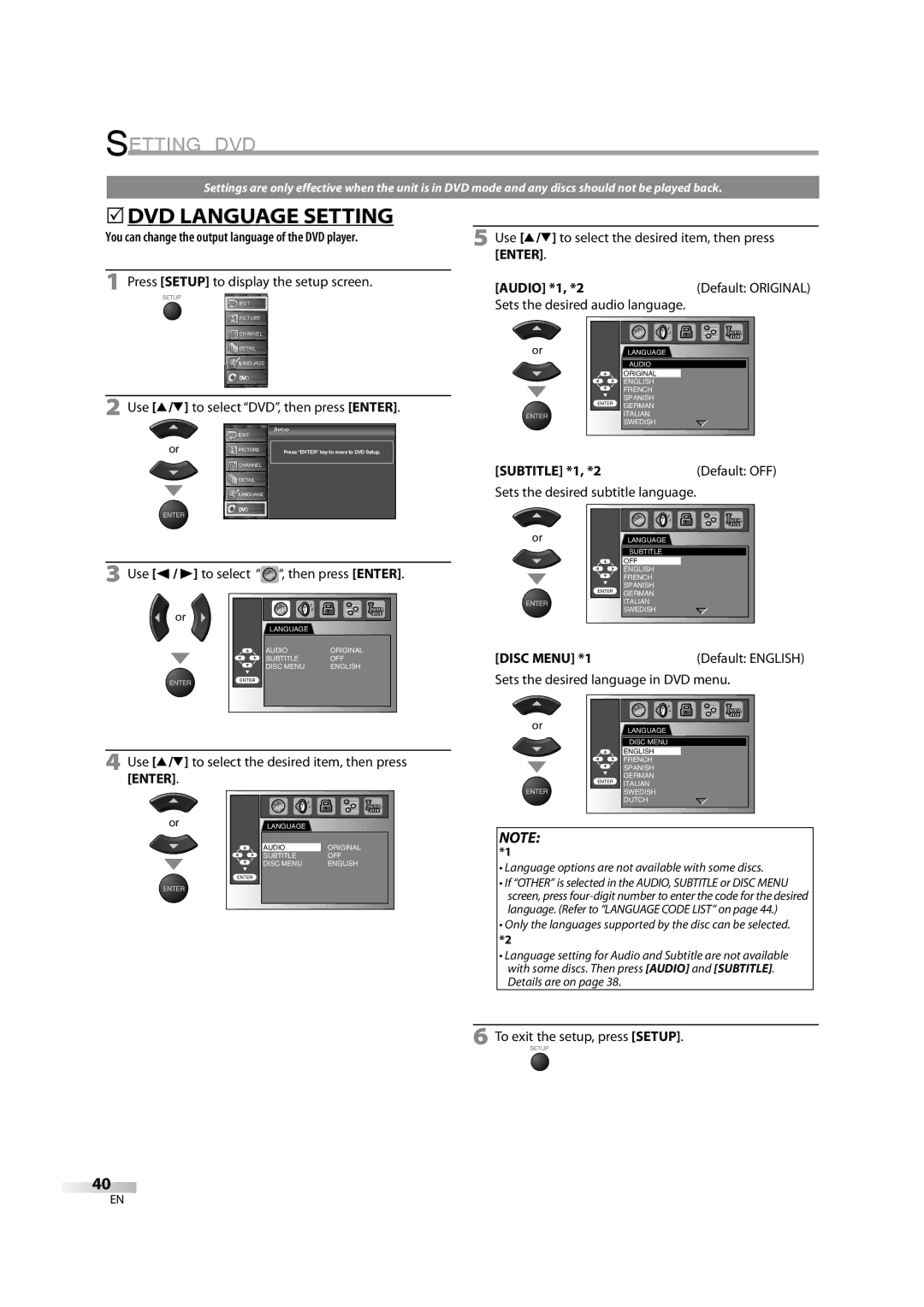 Sylvania 6626LDG Setting DVD, 5DVD Language Setting, You can change the output language of the DVD player, Audio *1, *2 