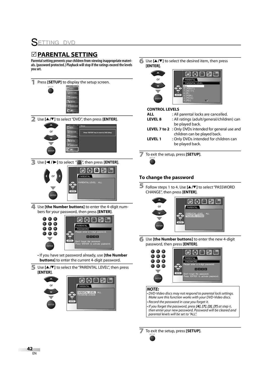 Sylvania 6626LDG 5PARENTAL Setting, Use s / B to select, Use K/L to select the Parental LEVEL, then press Enter 