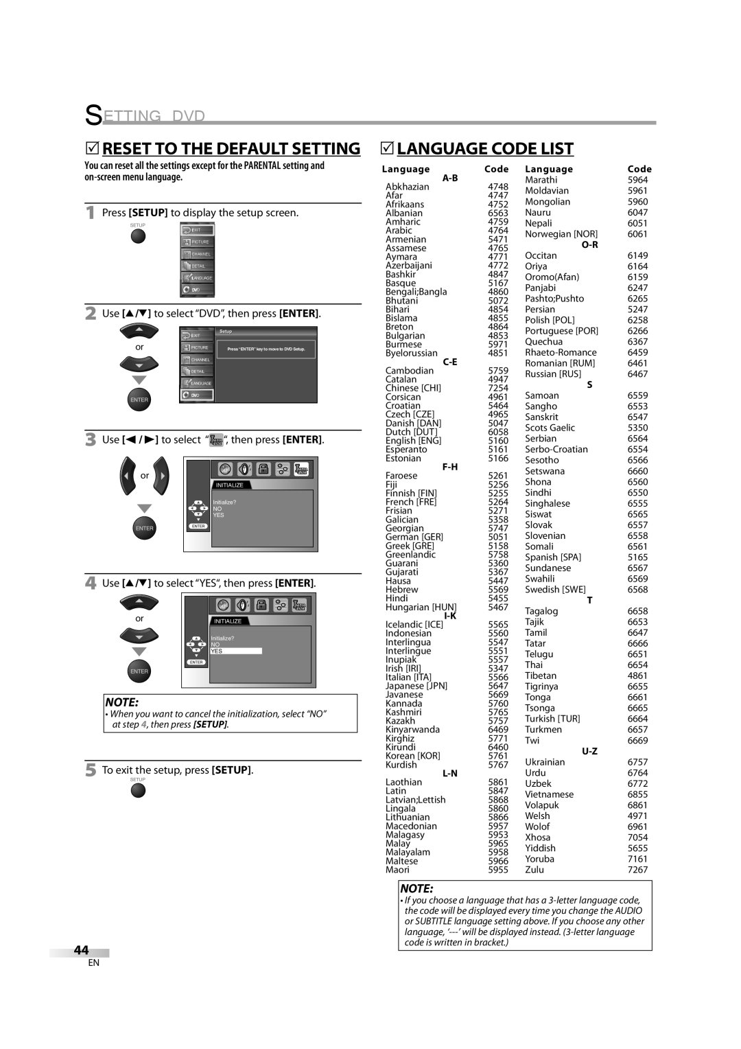 Sylvania 6626LDG owner manual 5LANGUAGE Code List, 5RESET to the Default Setting 