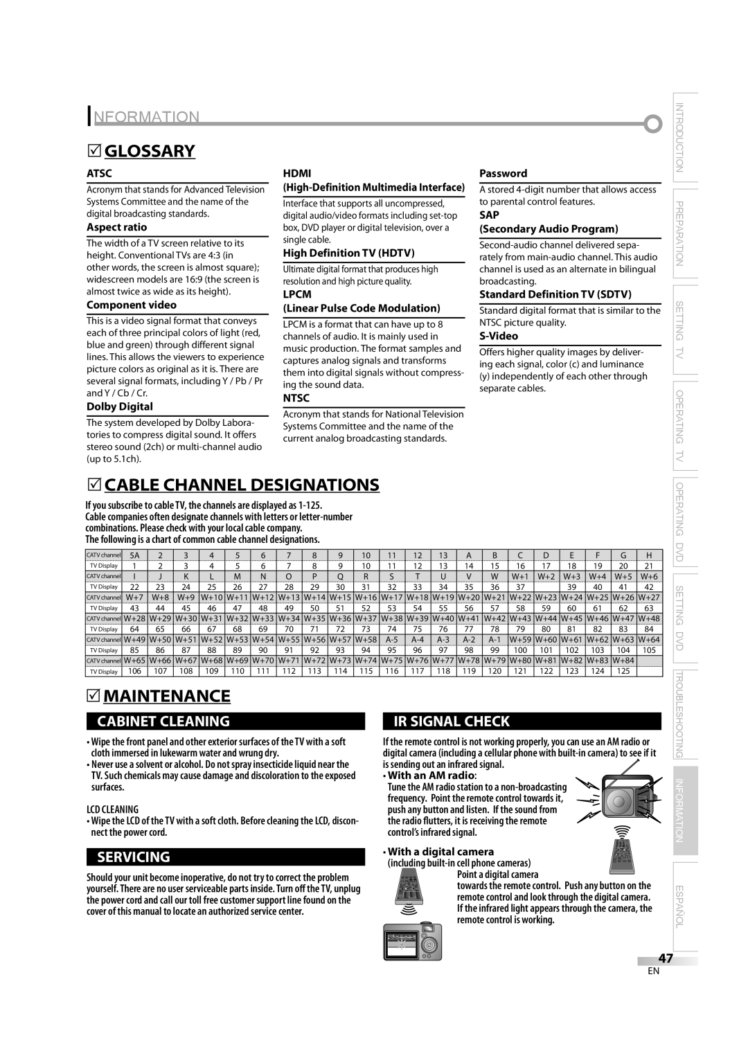 Sylvania 6626LDG owner manual Information, Glossary, 5CABLE Channel Designations, Maintenance 