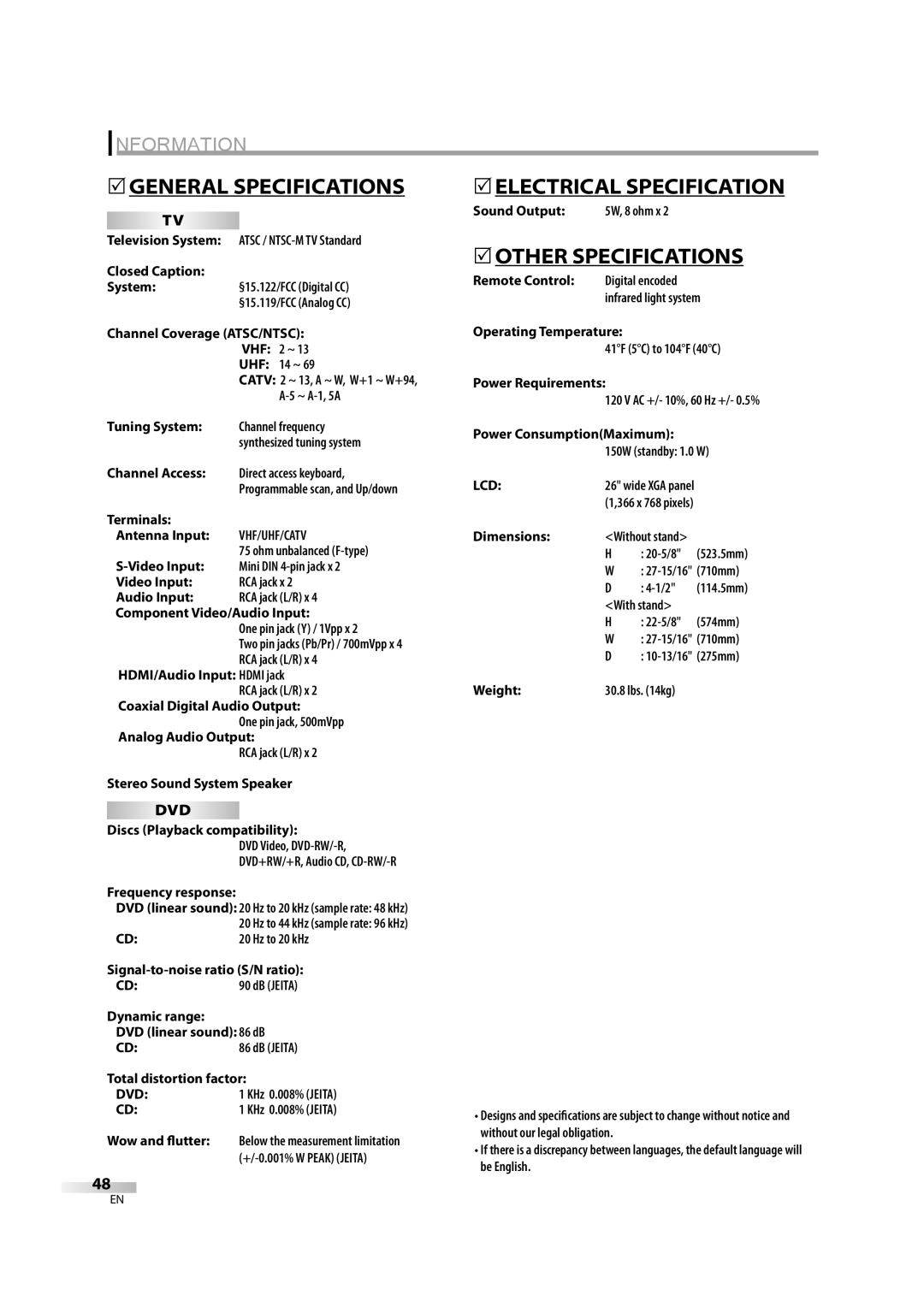 Sylvania 6626LDG owner manual 5GENERAL Specifications, 5ELECTRICAL Specification, 5OTHER Specifications 