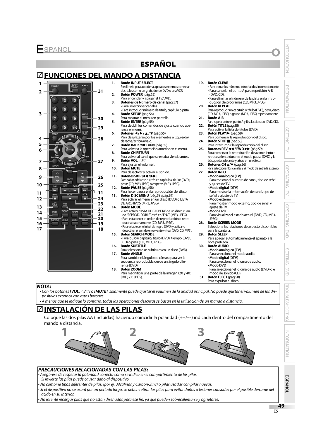 Sylvania 6626LDG owner manual Español 5FUNCIONES DEL Mando a Distancia, 5INSTALACIÓN DE LAS Pilas 