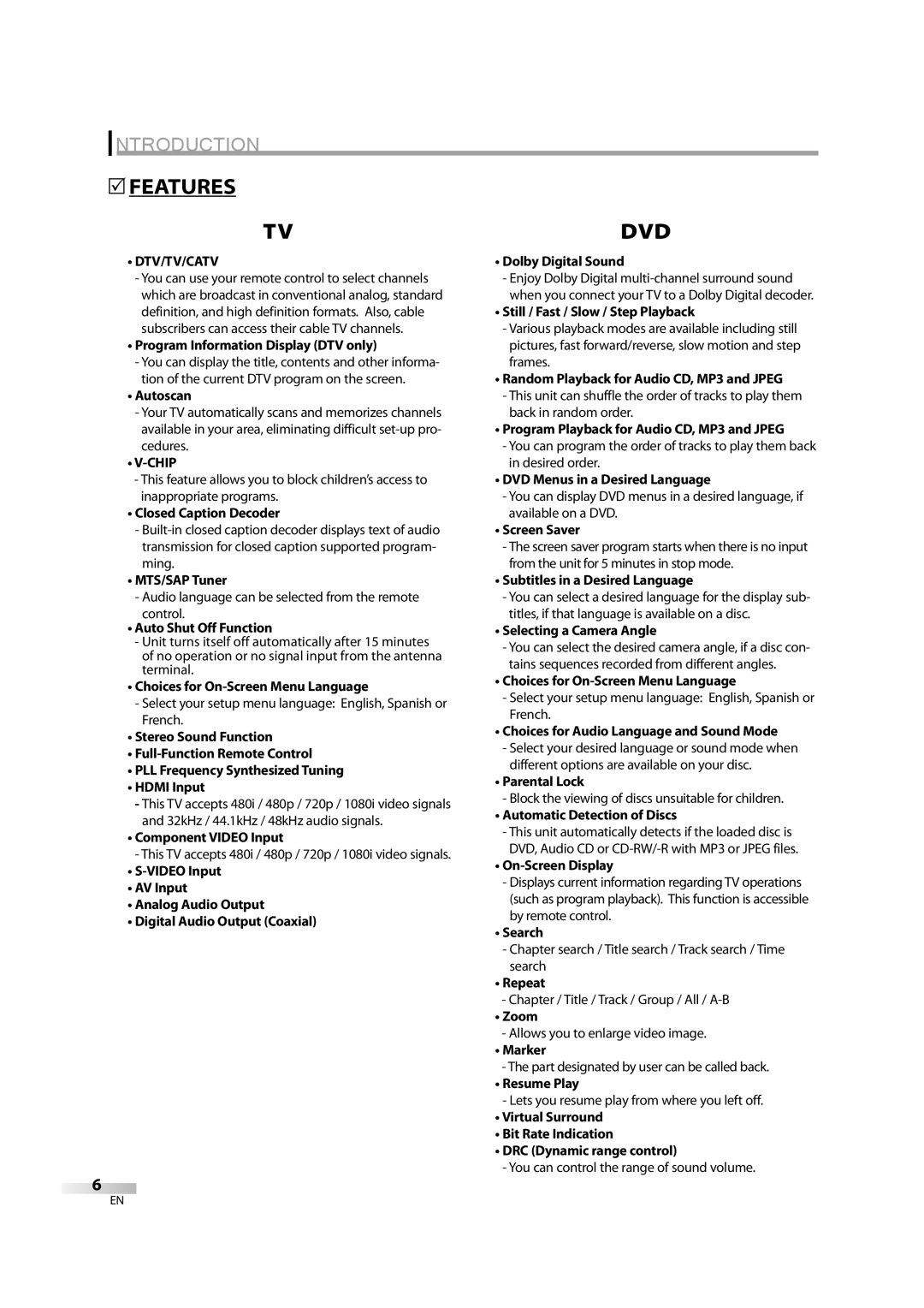 Sylvania 6626LDG owner manual Features, Dvd, Dtv/Tv/Catv, Chip 