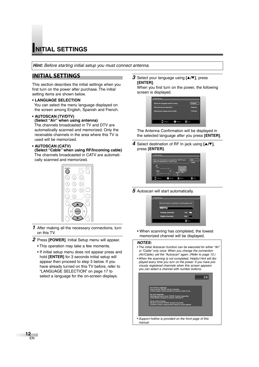 Sylvania 6626LG owner manual Initial Settings, Language Selection, Autoscan TV/DTV, Autoscan Catv 