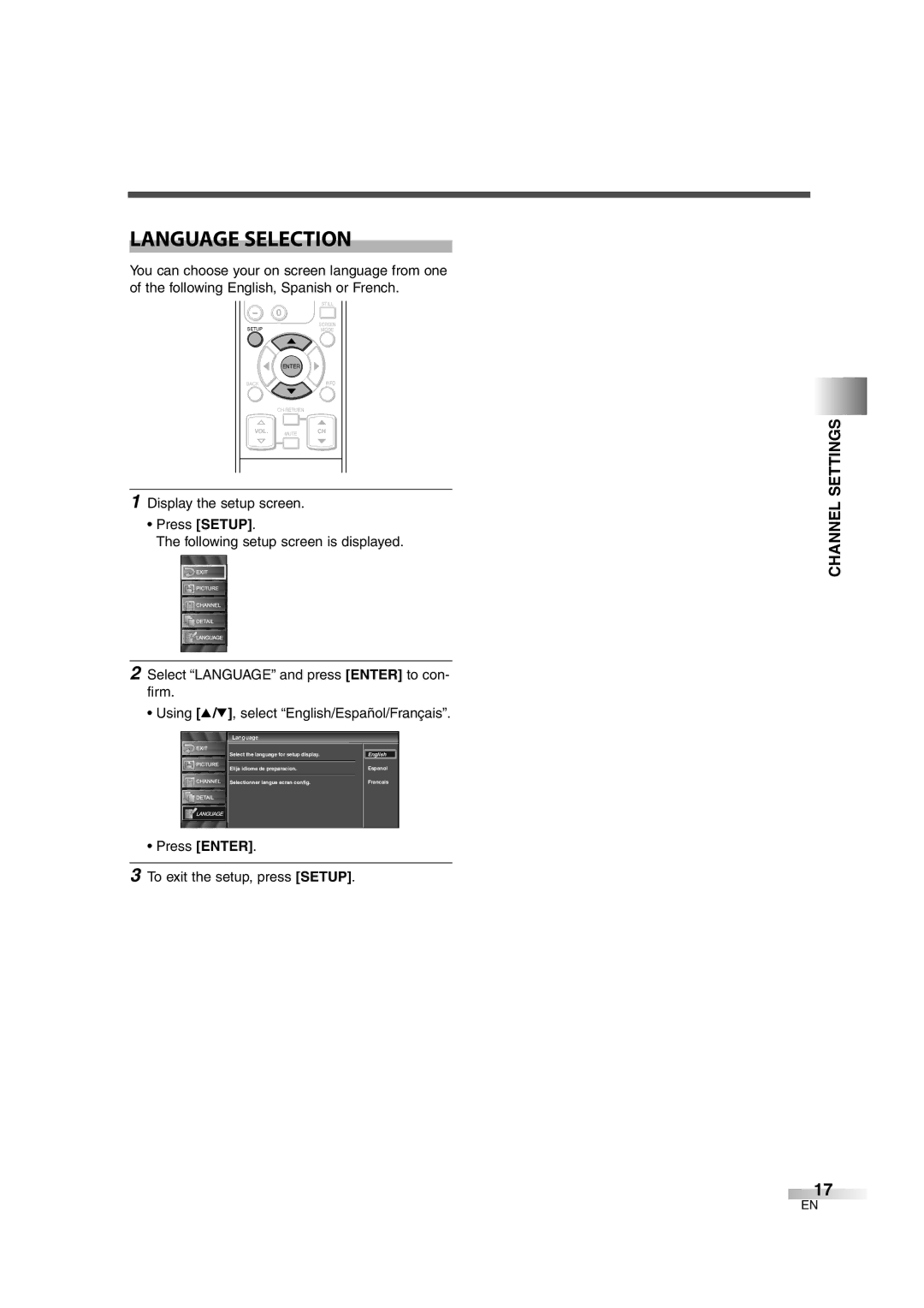 Sylvania 6626LG owner manual Language Selection, Press Enter To exit the setup, press Setup 