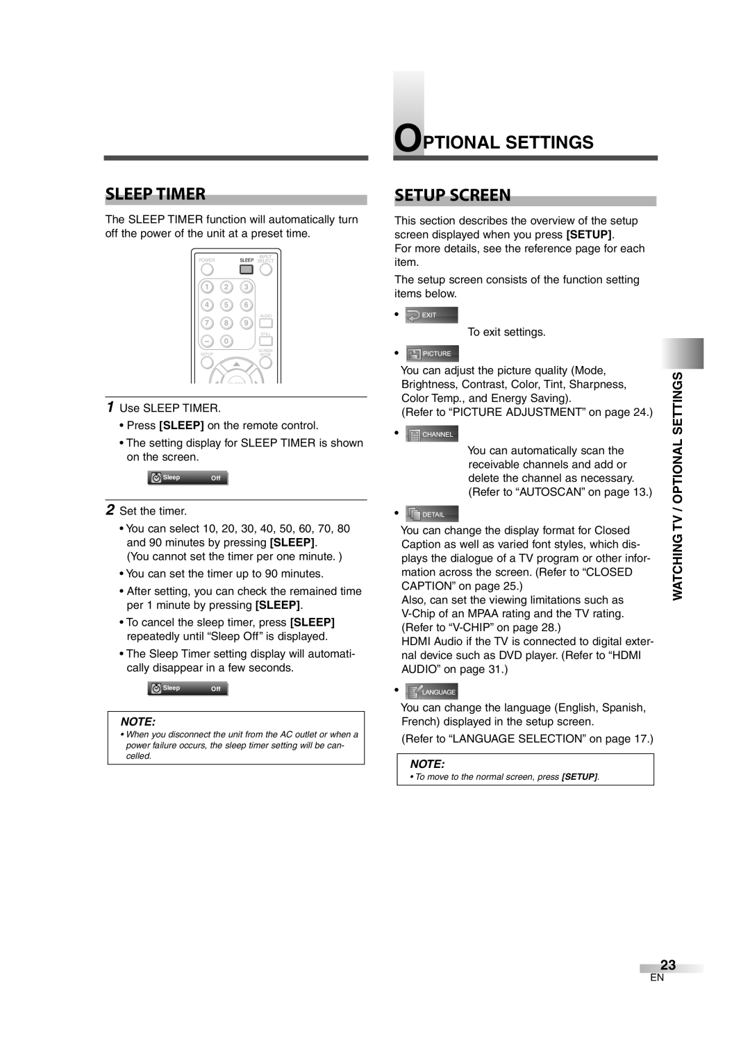 Sylvania 6626LG owner manual Sleep Timer, Optional Settings Setup Screen, Watching TV / Optional Settings 