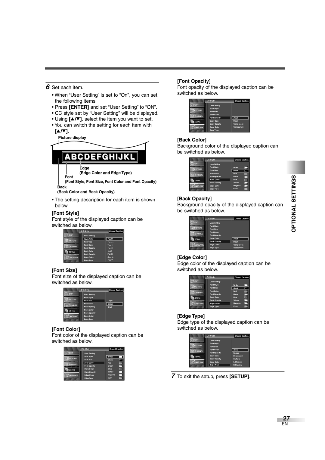 Sylvania 6626LG owner manual Settings, Optional 