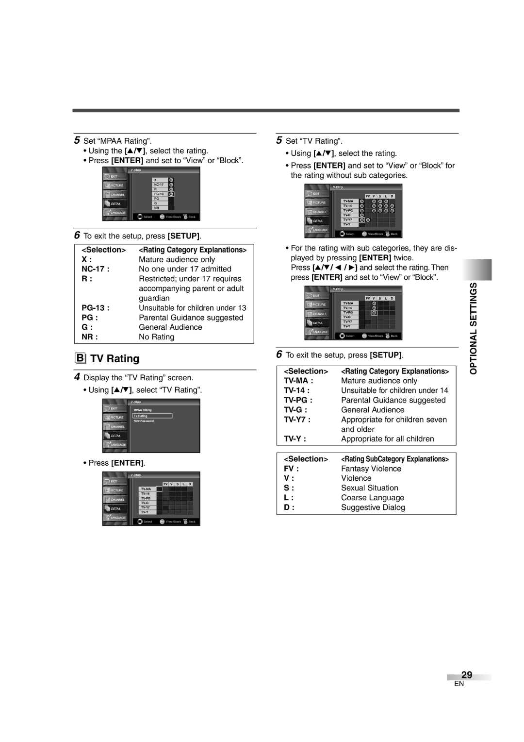 Sylvania 6626LG owner manual Optional Settings 