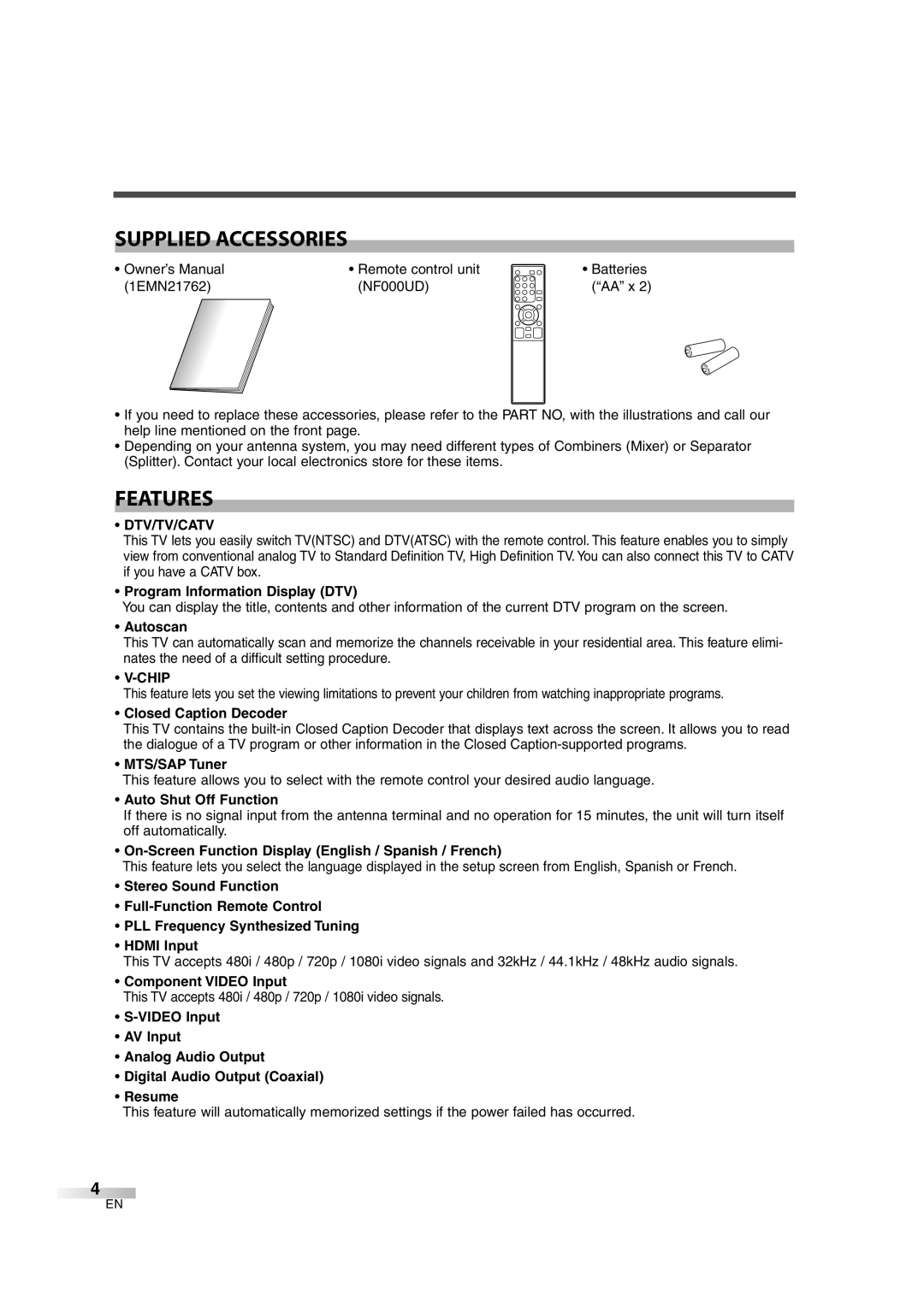 Sylvania 6626LG owner manual Supplied Accessories, Features, Dtv/Tv/Catv, Chip 