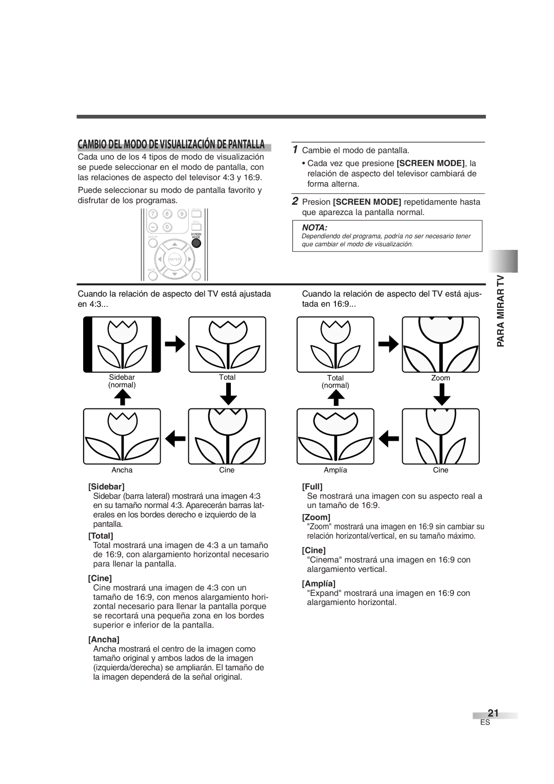 Sylvania 6626LG owner manual Para Mirar TV, Total, Cine, Ancha, Amplía 