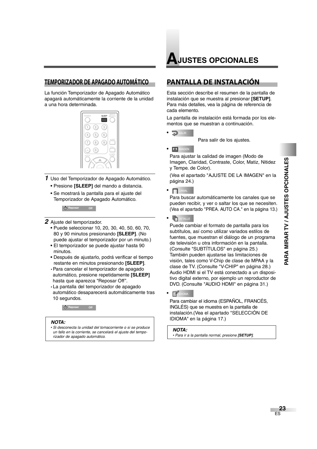 Sylvania 6626LG Ajustes Opcionales Pantalla DE Instalación, Para Mirar TV / Ajustes Opcionales, Ajuste del temporizador 