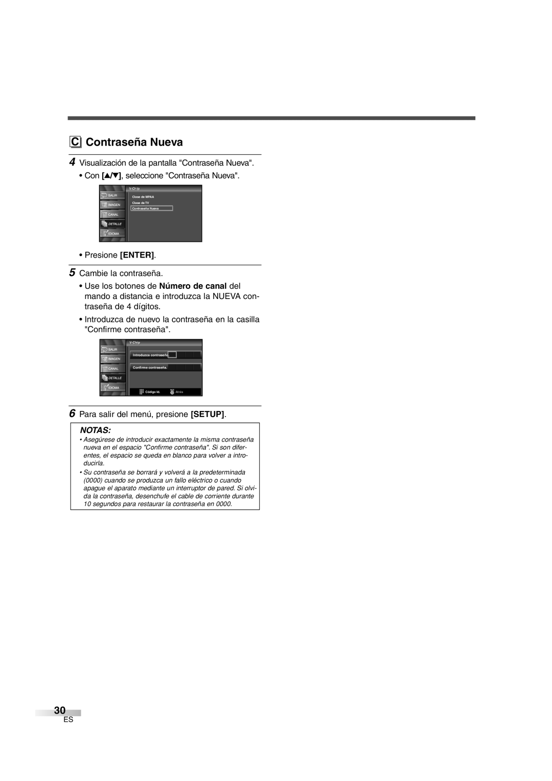 Sylvania 6626LG owner manual Para salir del menú, presione Setup, Chipip Introduzca contraseña Confirme contraseña 