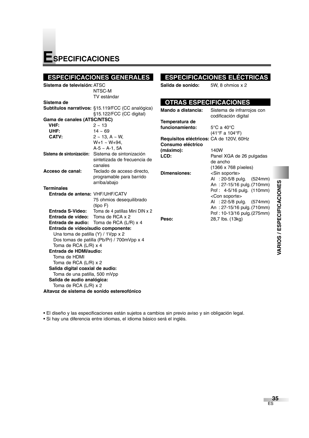 Sylvania 6626LG owner manual Varios / Especificaciones 