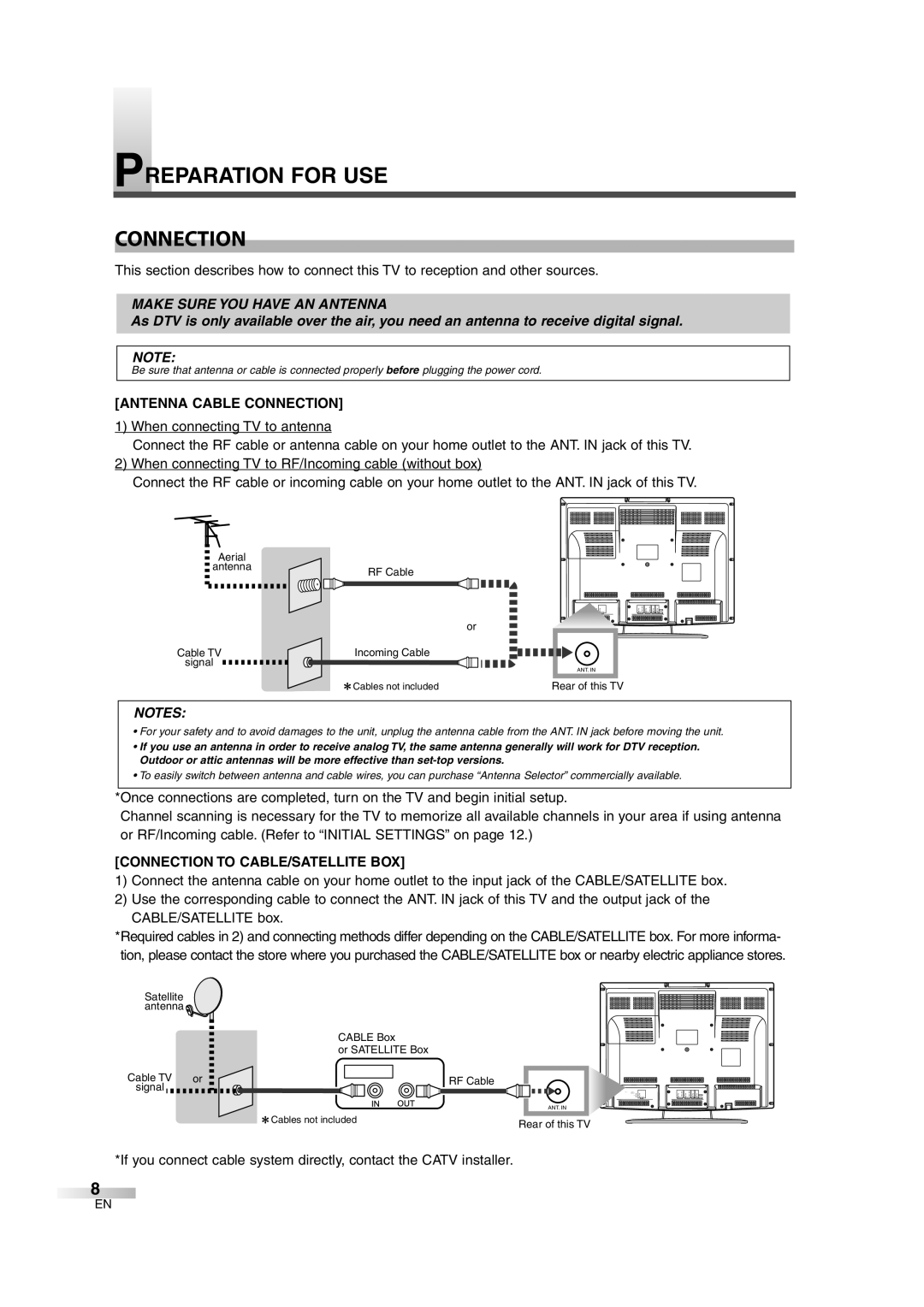 Sylvania 6626LG owner manual Preparation for USE Connection, Antenna Cable Connection, Connection to CABLE/SATELLITE BOX 