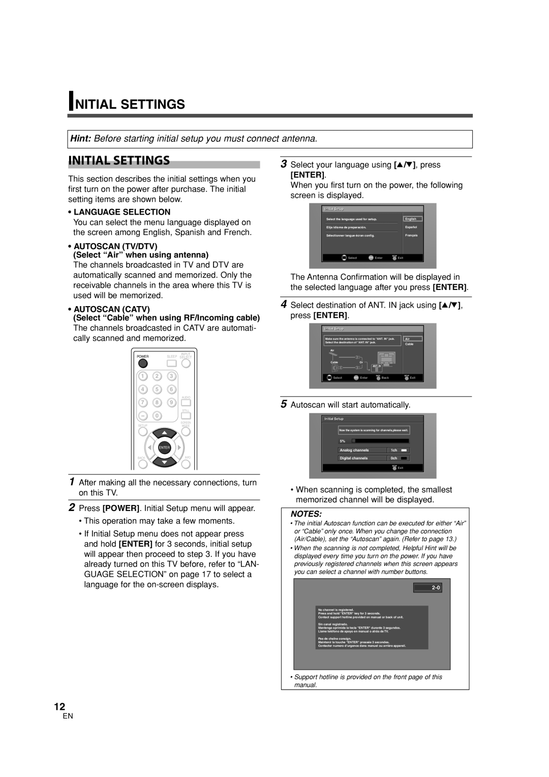 Sylvania 6626LG owner manual Initial Settings, Language Selection, Autoscan TV/DTV, Autoscan Catv 