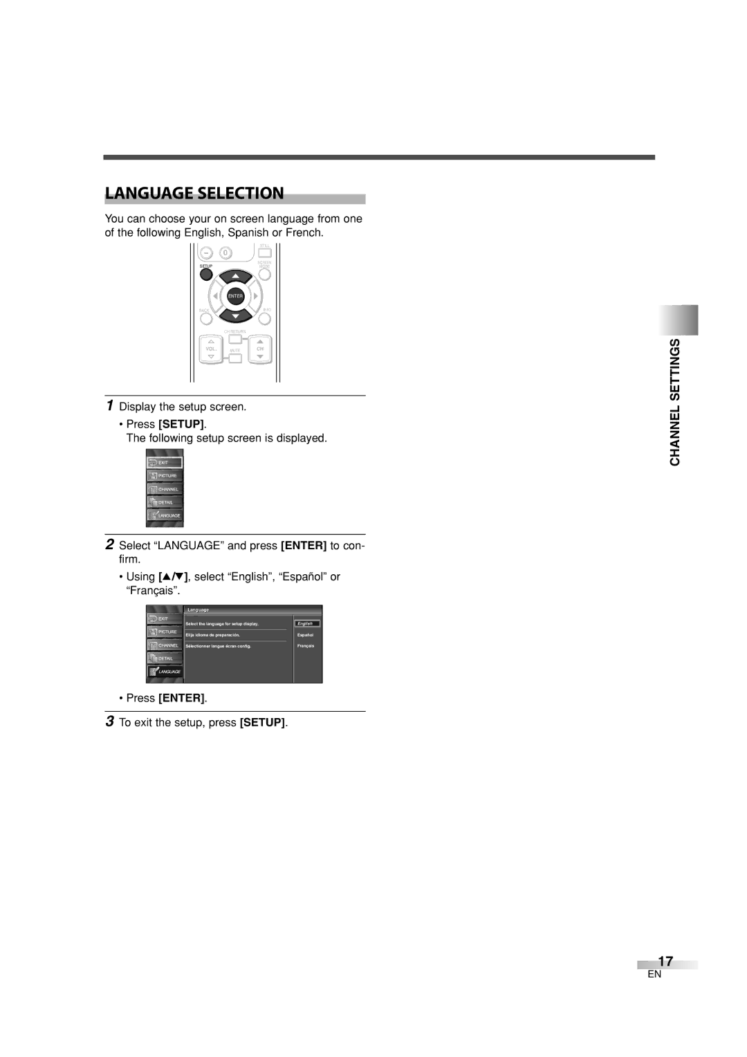 Sylvania 6626LG owner manual Language Selection, Press Enter To exit the setup, press Setup 