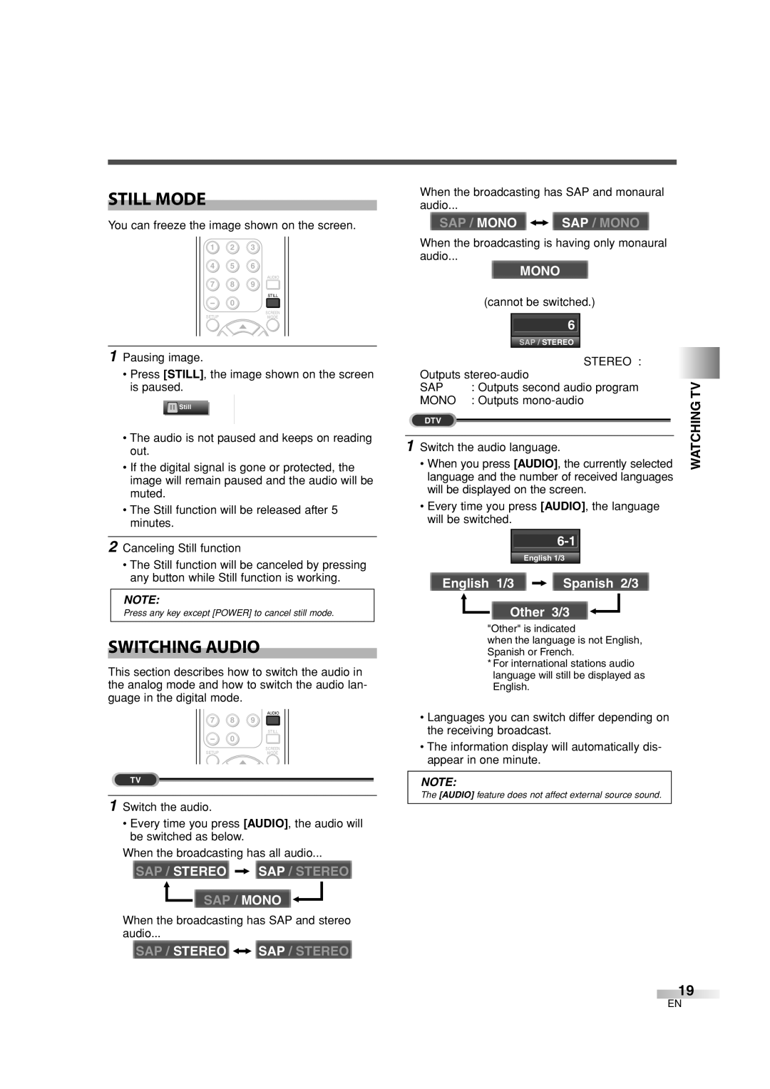 Sylvania 6626LG owner manual Still Mode, Switching Audio 