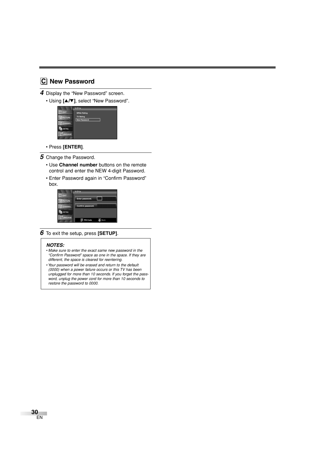 Sylvania 6626LG owner manual New Password, Chipip Enter password Confirm password 