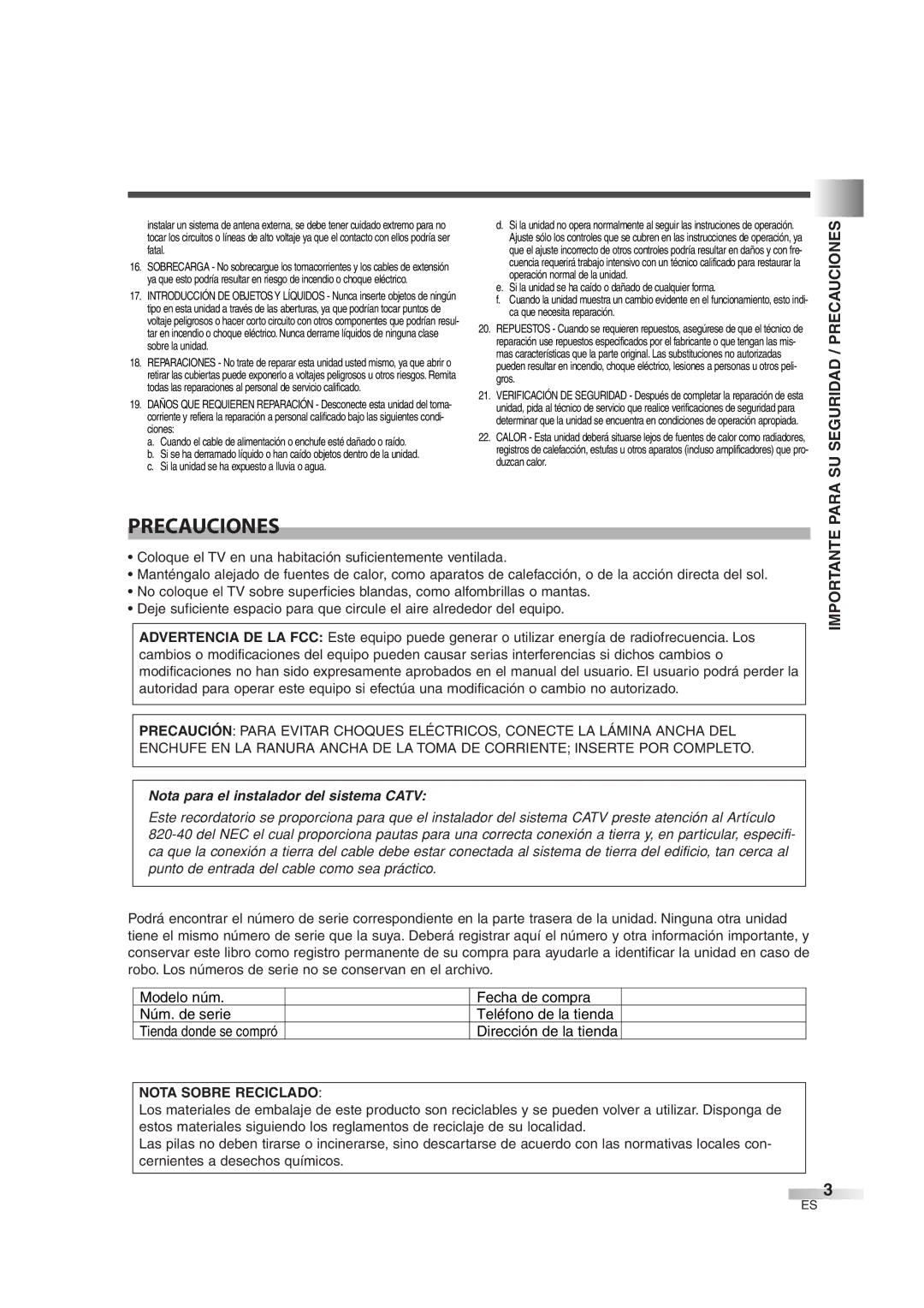 Sylvania 6626LG owner manual Para SU Seguridad / Precauciones, Importante, Nota Sobre Reciclado 