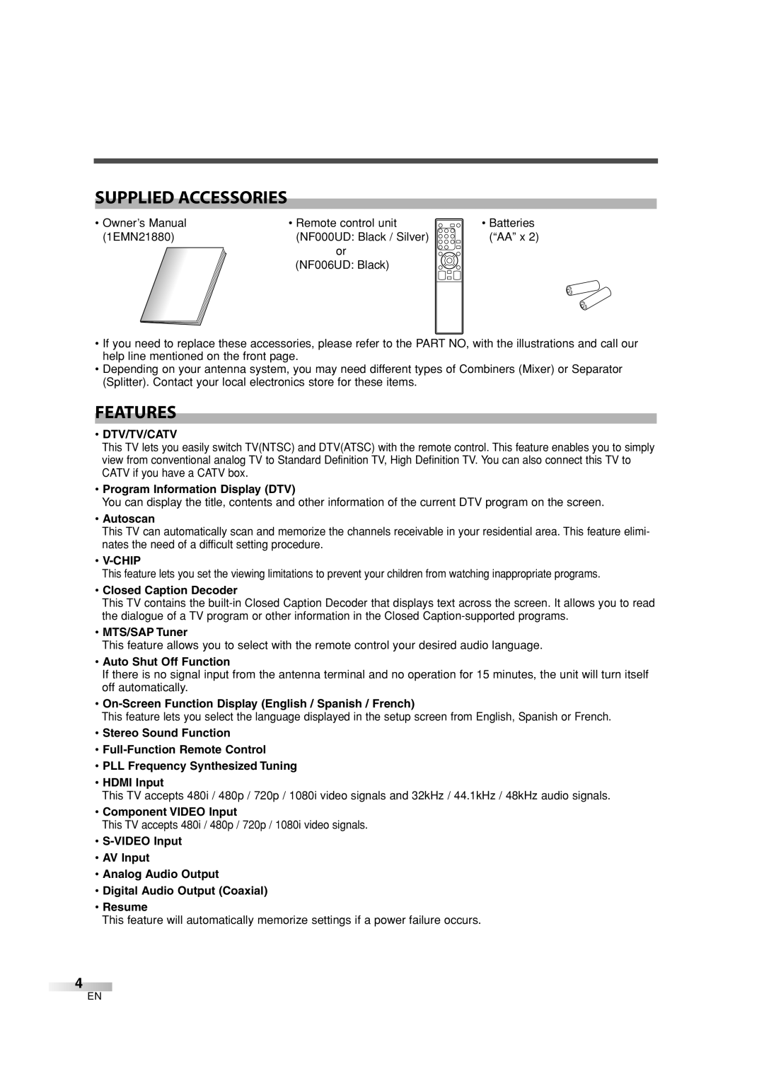 Sylvania 6626LG owner manual Supplied Accessories, Features, Dtv/Tv/Catv, Chip 