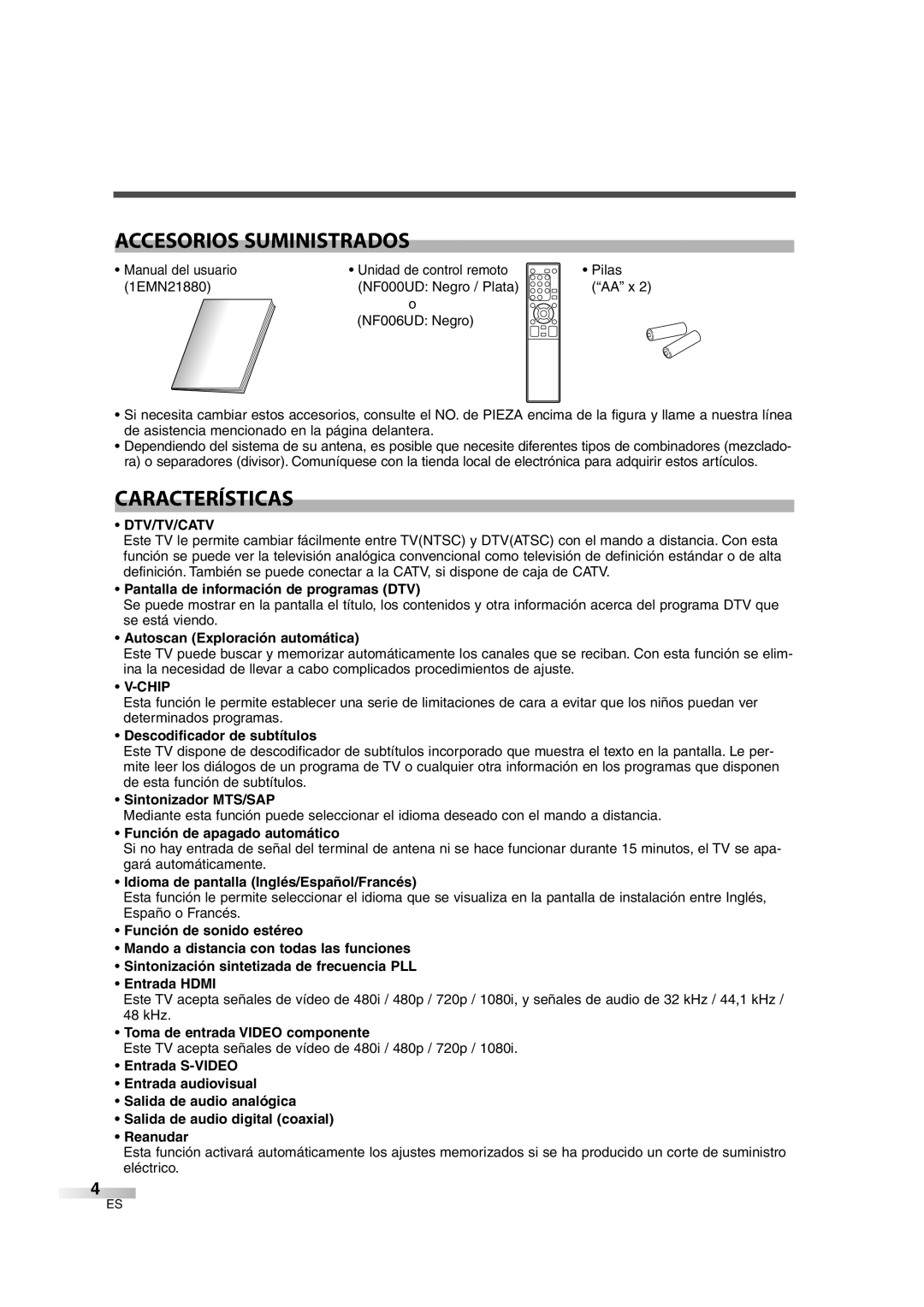 Sylvania 6626LG owner manual Accesorios Suministrados, Características 