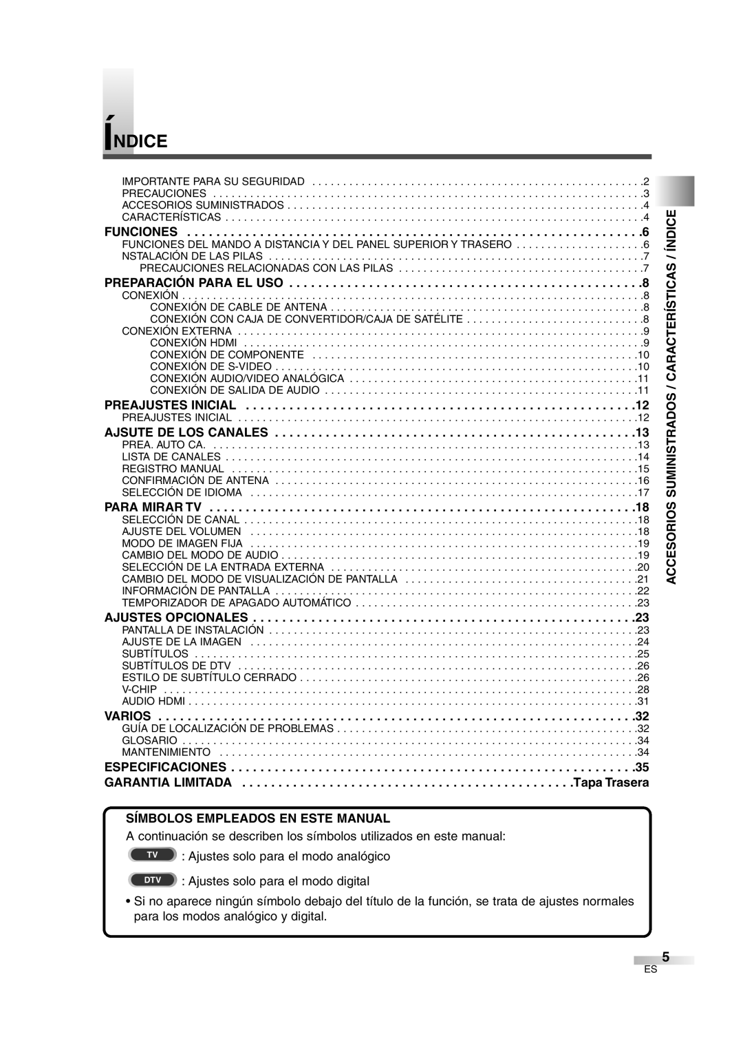 Sylvania 6626LG owner manual Índice, Garantia Limitada, Símbolos Empleados EN Este Manual, Especificaciones 